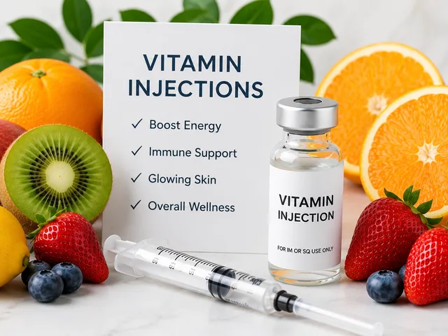 Vitamin injection vial and syringe with fresh fruit, representing naturally sourced vitamins